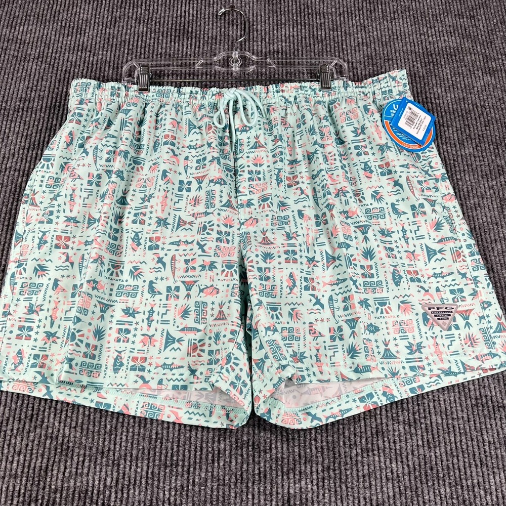 Columbia PFG‎ Swim Trunks Shorts Mens 2XL XXL Green Geometric Lined Beach New